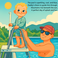 Load image into Gallery viewer, Illustration of a father and son at a pool with mountains in the background