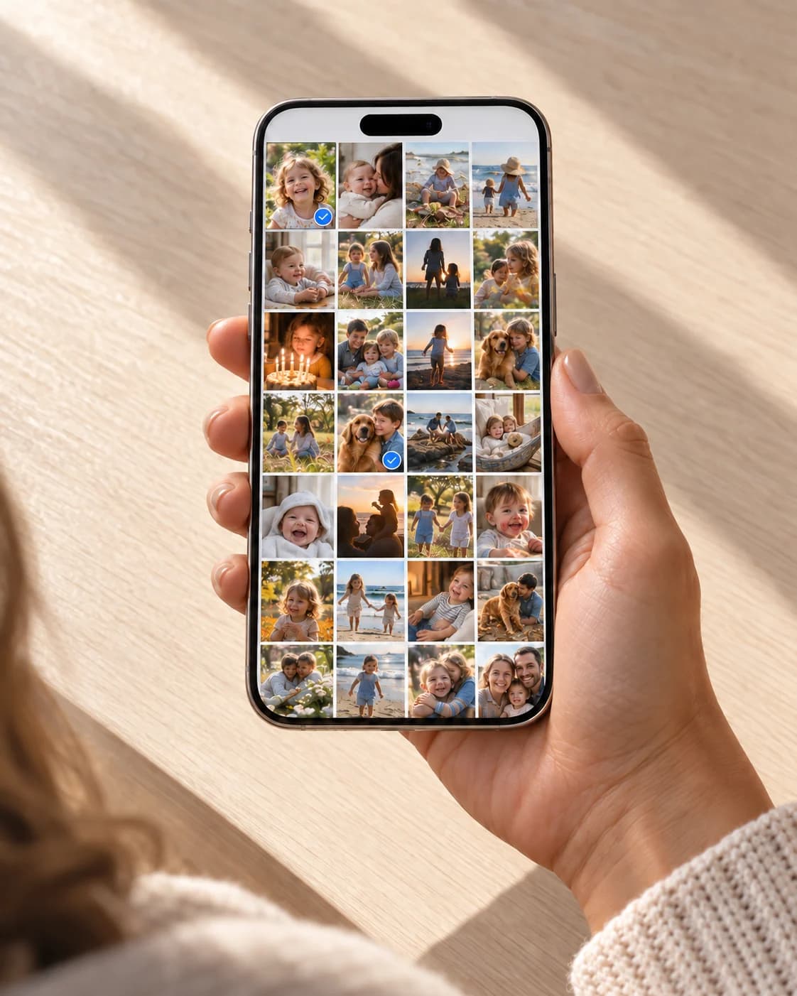 A parent selecting family memories from a phone photo gallery