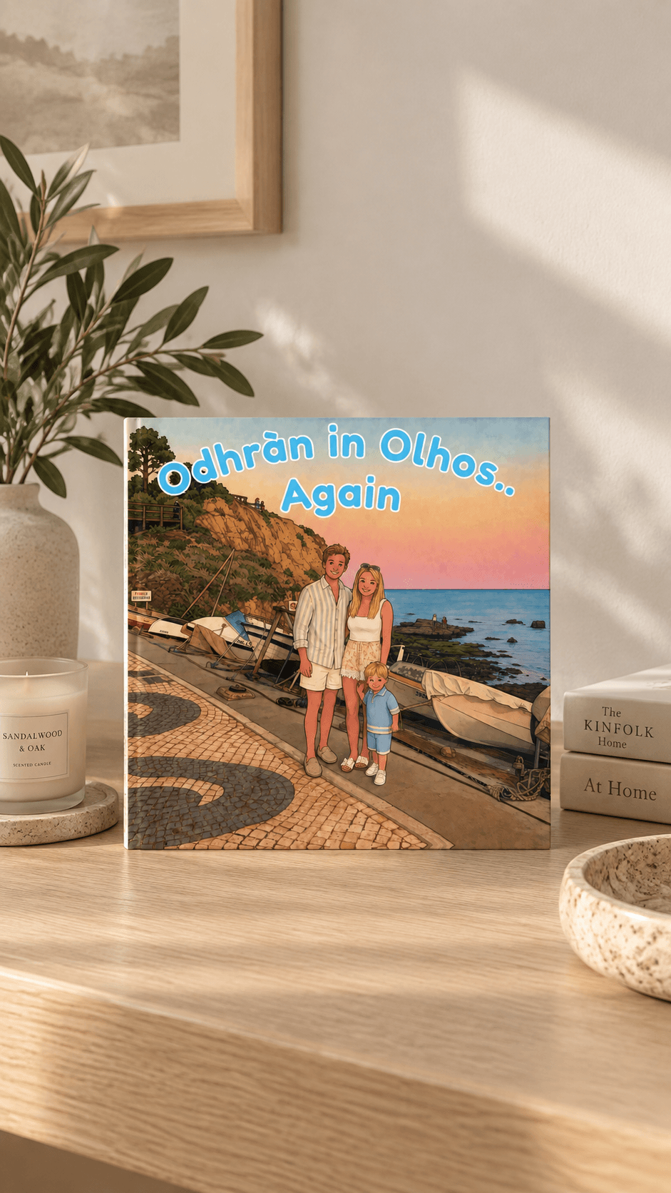 A MemoryTales storybook titled Odhran in Olhos Again, styled by a window