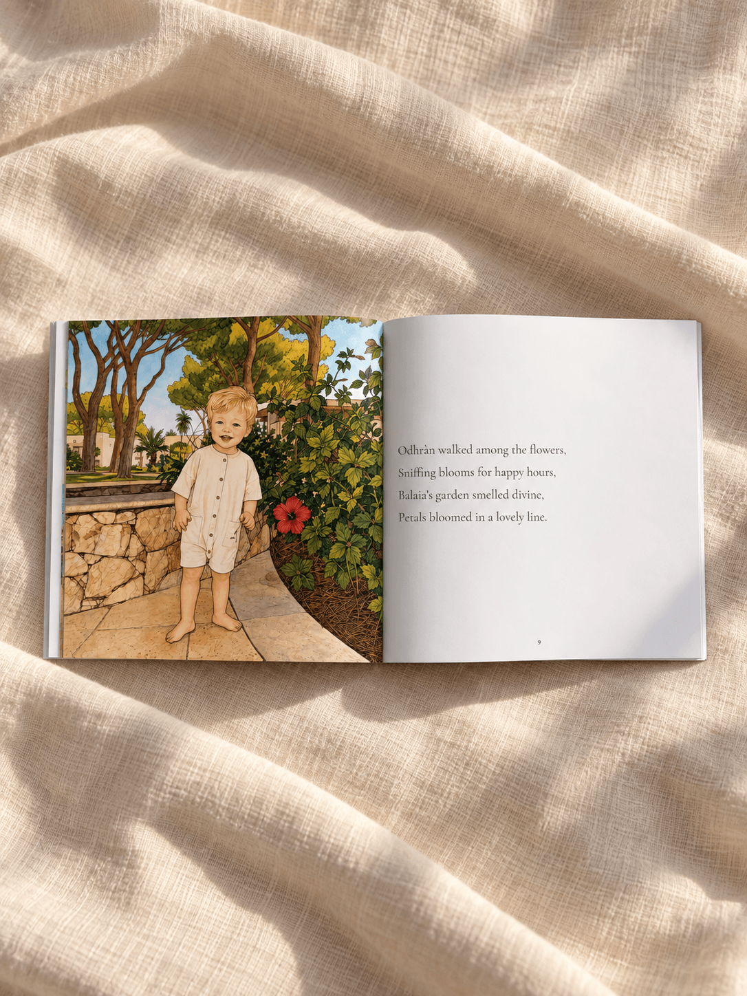 A MemoryTales storybook open to an illustrated page and personalised verse